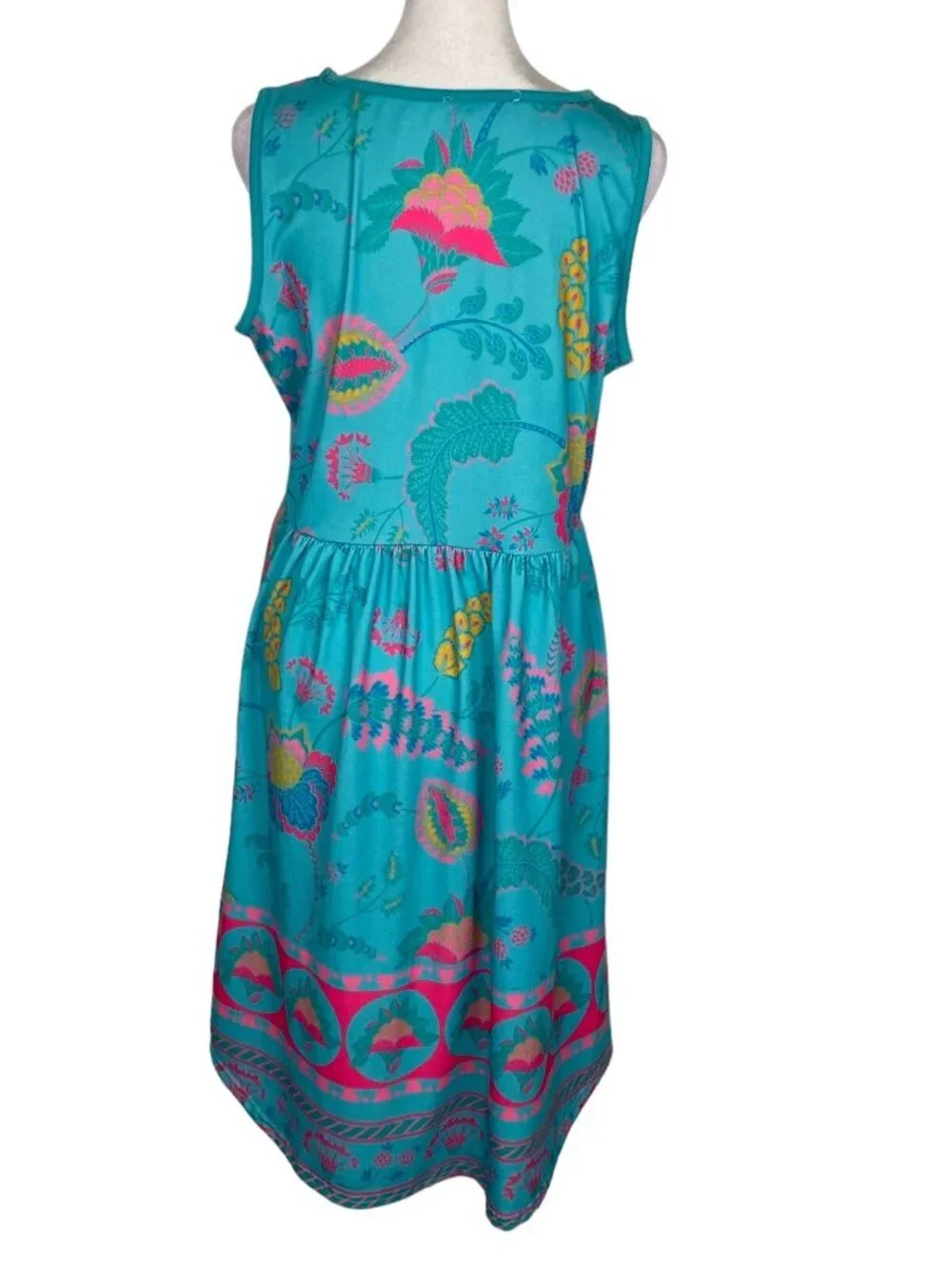 IZURIA Women Sleeveless Empire Waist Dress Sz L Turquoise Fuchsia Summer 66-7